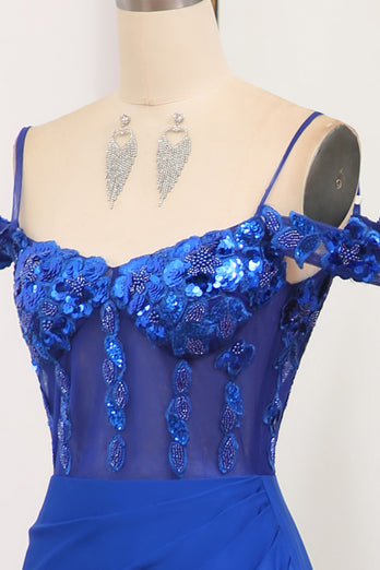 Glitter Royal Blue Mermaid Backless Long Prom Dress With Sequined Appliques
