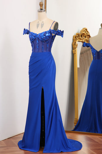 Glitter Royal Blue Mermaid Backless Long Prom Dress With Sequined Appliques