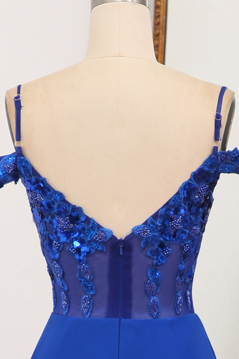 Load image into Gallery viewer, Glitter Royal Blue Mermaid Backless Long Prom Dress With Sequined Appliques
