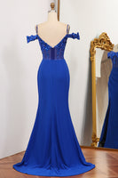 Load image into Gallery viewer, Glitter Royal Blue Mermaid Backless Long Prom Dress With Sequined Appliques