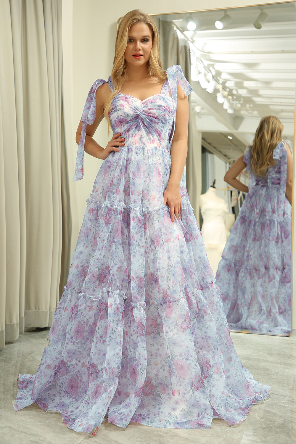 Lilac A Line Adjustable Straps Floral Long Prom Dress