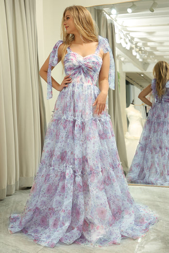 Lilac A Line Adjustable Straps Floral Long Prom Dress