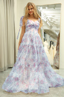 Load image into Gallery viewer, Lilac A Line Adjustable Straps Floral Long Prom Dress