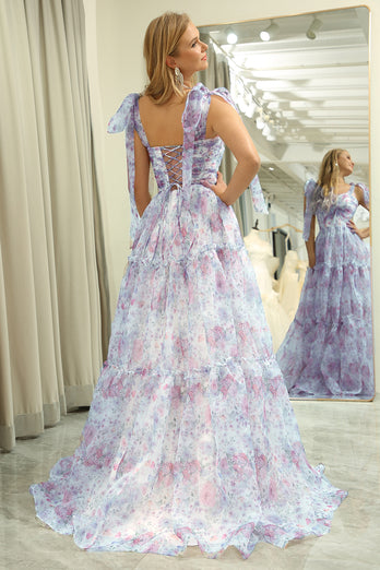 Lilac A Line Adjustable Straps Floral Long Prom Dress