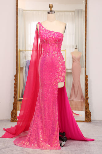 Sparkly Fuchsia Mermaid One Shoulder Long Corset Prom Dress With Slit