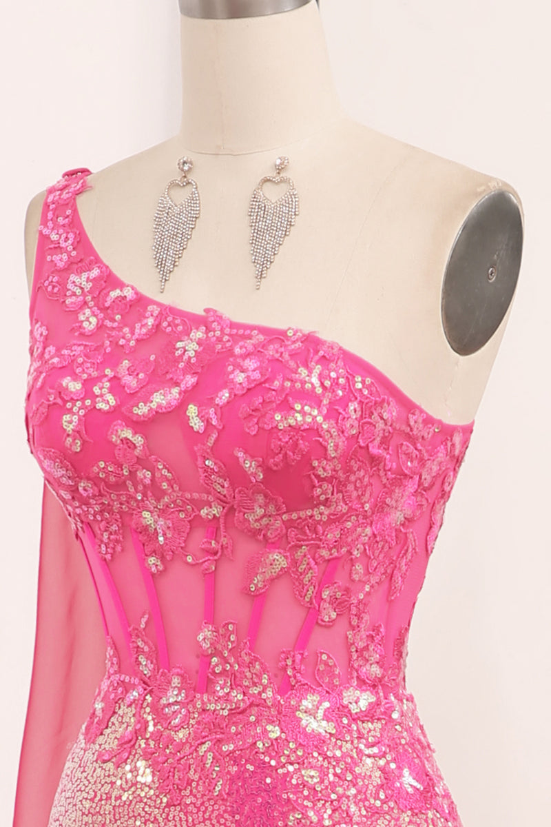 Load image into Gallery viewer, Glitter Fuchsia Mermaid One Shoulder Long Corset Prom Dress With Slit