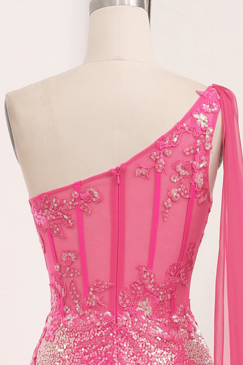 Load image into Gallery viewer, Glitter Fuchsia Mermaid One Shoulder Long Corset Prom Dress With Slit