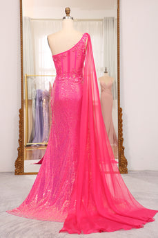 Sparkly Fuchsia Mermaid One Shoulder Long Corset Prom Dress With Slit