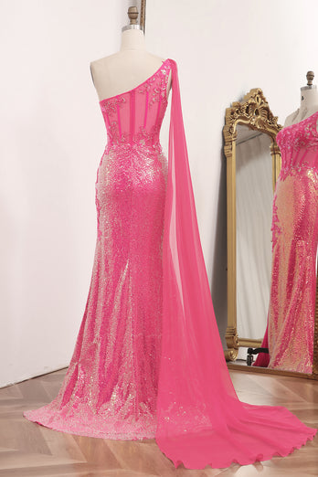 Glitter Fuchsia Mermaid One Shoulder Long Corset Prom Dress With Slit