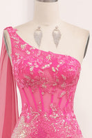 Load image into Gallery viewer, Glitter Fuchsia Mermaid One Shoulder Long Corset Prom Dress With Slit