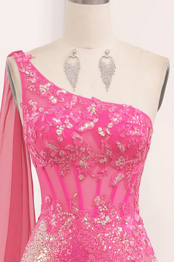 Glitter Fuchsia Mermaid One Shoulder Long Corset Prom Dress With Slit