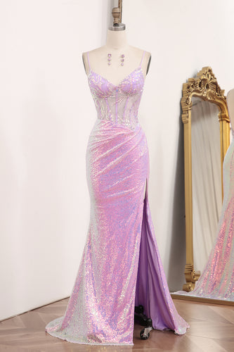 Light Purple Sequined Mermaid Long Corset Prom Dress With Slit