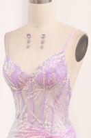 Load image into Gallery viewer, Light Purple Sequined Mermaid Long Corset Prom Dress With Slit
