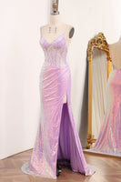 Load image into Gallery viewer, Light Purple Sequined Mermaid Long Corset Prom Dress With Slit