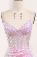 Load image into Gallery viewer, Light Purple Sequined Mermaid Long Corset Prom Dress With Slit