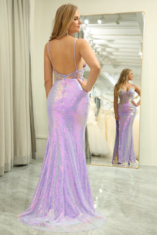 Sparkly Purple Sequined Mermaid Long Corset Prom Dress With Slit