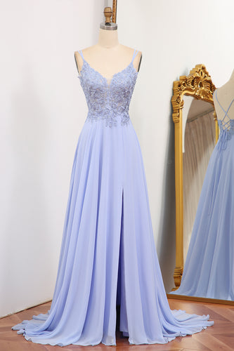Lavender A Line Long Appliqued Prom Dress With Slit