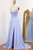 Load image into Gallery viewer, Lavender A Line Long Appliqued Prom Dress With Slit