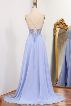 Lavender A Line Long Appliqued Prom Dress With Slit