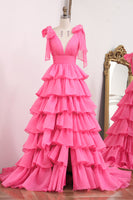 Load image into Gallery viewer, Fuchsia A Line Long Tiered Prom Dress With Slit