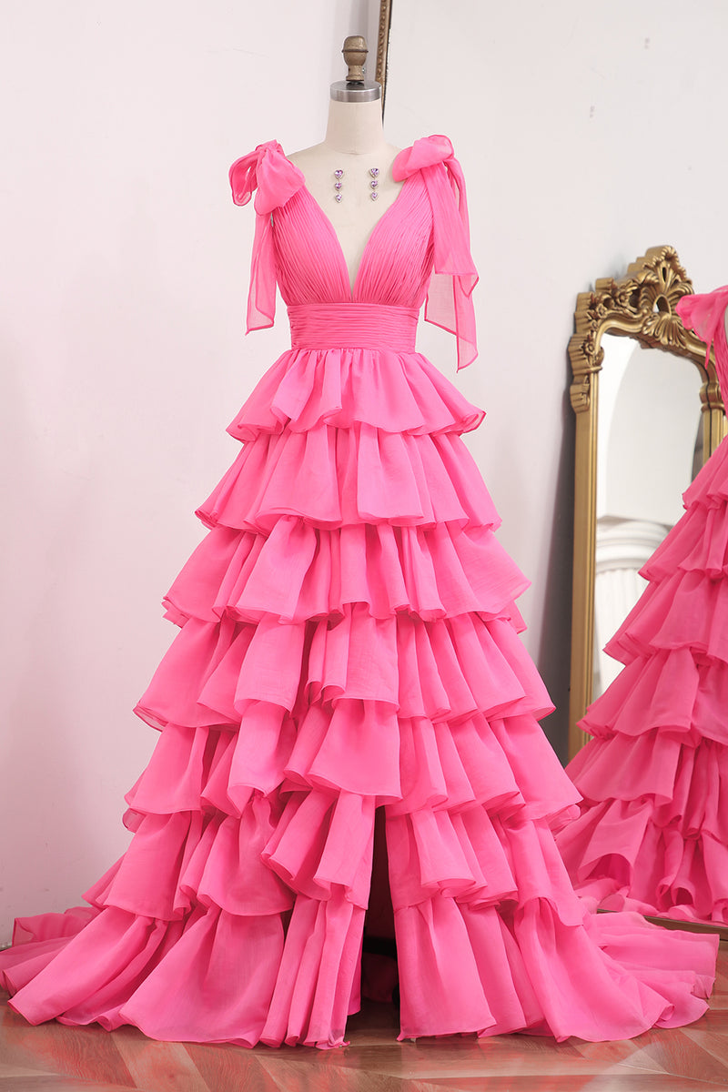 Load image into Gallery viewer, Fuchsia A Line Long Tiered Prom Dress With Slit
