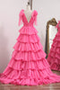 Load image into Gallery viewer, Fuchsia A Line Long Tiered Prom Dress With Slit