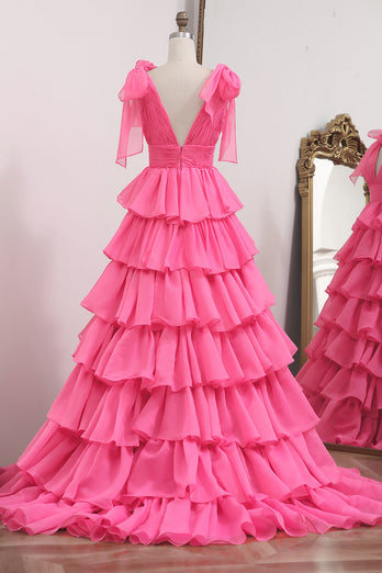 Fuchsia A Line Long Tiered Prom Dress With Slit