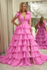 Load image into Gallery viewer, Fuchsia A Line Deep V Neck Long Tiered Prom Dress With Slit