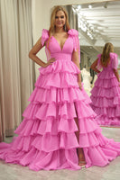 Load image into Gallery viewer, Fuchsia A Line Deep V Neck Long Tiered Prom Dress With Slit