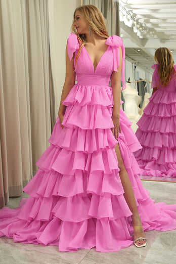 Fuchsia A Line Deep V Neck Long Tiered Prom Dress With Slit