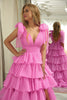 Load image into Gallery viewer, Fuchsia A Line Deep V Neck Long Tiered Prom Dress With Slit