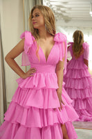 Load image into Gallery viewer, Fuchsia A Line Deep V Neck Long Tiered Prom Dress With Slit