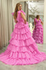 Load image into Gallery viewer, Fuchsia A Line Deep V Neck Long Tiered Prom Dress With Slit
