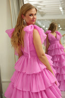 Load image into Gallery viewer, Fuchsia A Line Deep V Neck Long Tiered Prom Dress With Slit