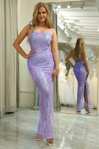 Sparkly Lilac Mermaid Backless Long Prom Dress With Embroidery