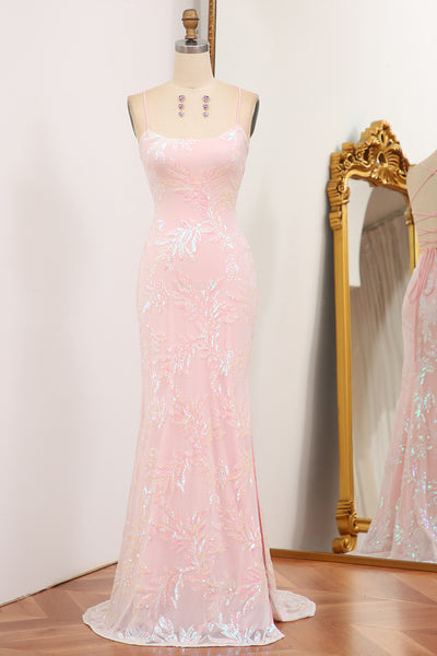 Sparkly Pink Mermaid Sequined Appliques Long Prom Dress With Side Slit