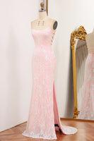 Load image into Gallery viewer, Sparkly Pink Mermaid Sequined Appliques Long Prom Dress With Side Slit