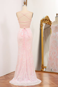 Sparkly Pink Mermaid Sequined Appliques Long Prom Dress With Side Slit