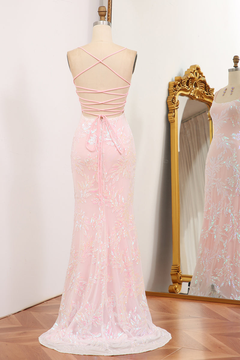 Load image into Gallery viewer, Sparkly Pink Mermaid Sequined Appliques Long Prom Dress With Side Slit
