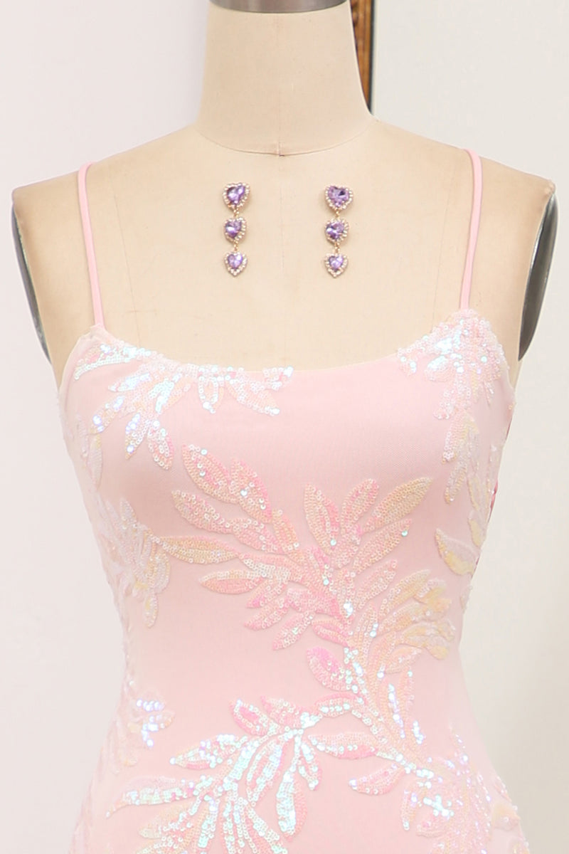 Load image into Gallery viewer, Sparkly Pink Mermaid Sequined Appliques Long Prom Dress With Side Slit