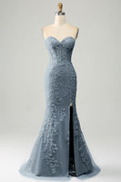 Load image into Gallery viewer, Mermaid Grey Blue Sweetheart Corset Appliques Prom Dress With Side Slit