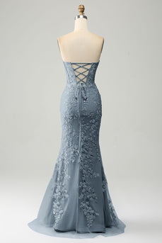 Mermaid Grey Blue Sweetheart Corset Appliques Prom Dress With Side Slit