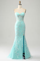 Load image into Gallery viewer, Light Blue Mermaid Sweetheart Corset Appliques Prom Dress With Side Slit