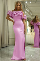 Load image into Gallery viewer, Pink Mermaid Floral Off the Shoulder Long Prom Dress With Slit