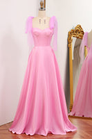 Load image into Gallery viewer, Shiny Pink A Line Backless Long Corset Prom Dress