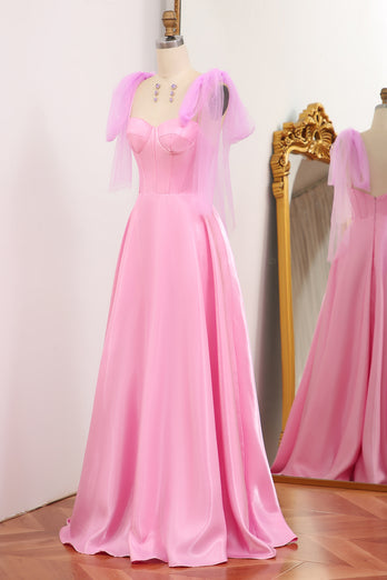 Shiny Pink A Line Backless Long Corset Prom Dress