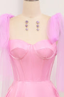 Load image into Gallery viewer, Shiny Pink A Line Backless Long Corset Prom Dress