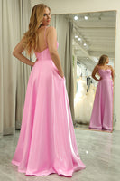 Load image into Gallery viewer, Glitter Pink A Line Spaghetti Straps Backless Long Corset Prom Dress