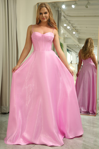 Glitter Pink A Line Spaghetti Straps Backless Long Corset Prom Dress