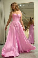 Load image into Gallery viewer, Glitter Pink A Line Spaghetti Straps Backless Long Corset Prom Dress
